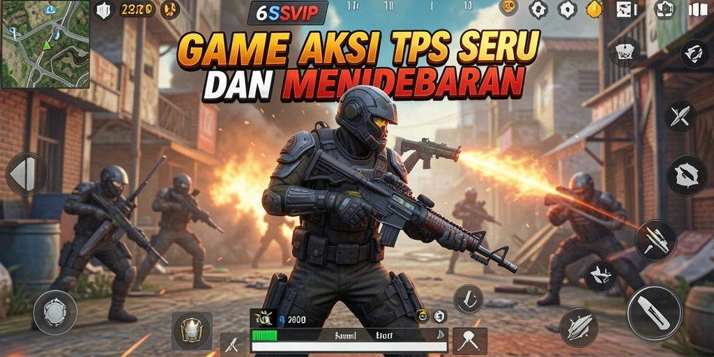 Screenshot gameplay seru dari 6SVIP yang memperlihatkan pertempuran TPS.