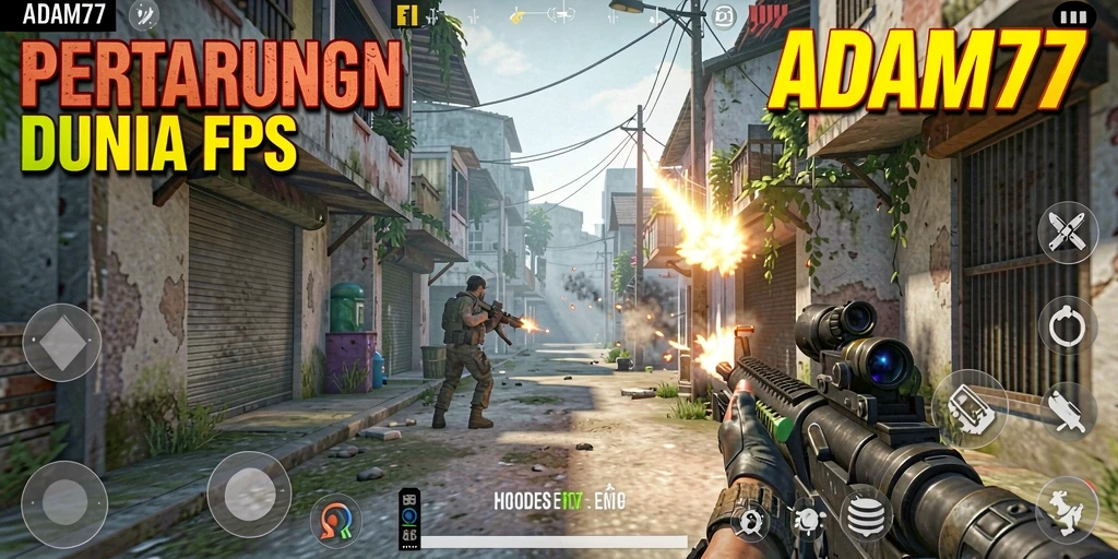 Tangkapan layar utama ADAM77 menampilkan aksi pertempuran FPS yang menegangkan.