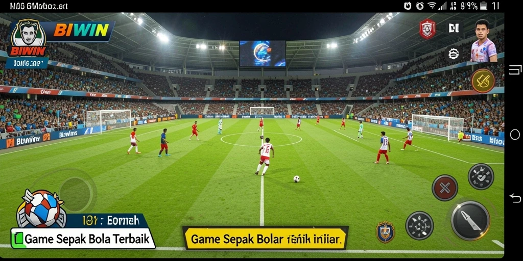 Tampilan utama gameplay BIWIN dengan aksi sepak bola seru.