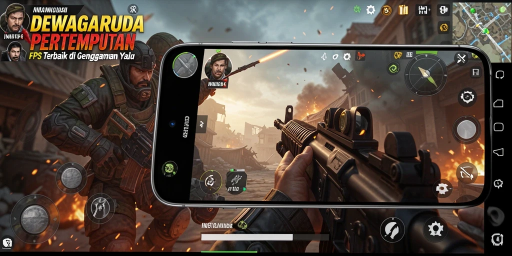 Tampilan aksi seru dalam gameplay DEWAGARUDA di medan perang.