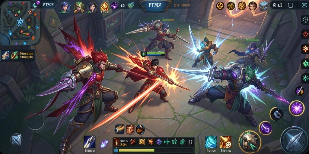 Screenshot gameplay PT707 yang menampilkan pertarungan seru di arena MOBA.