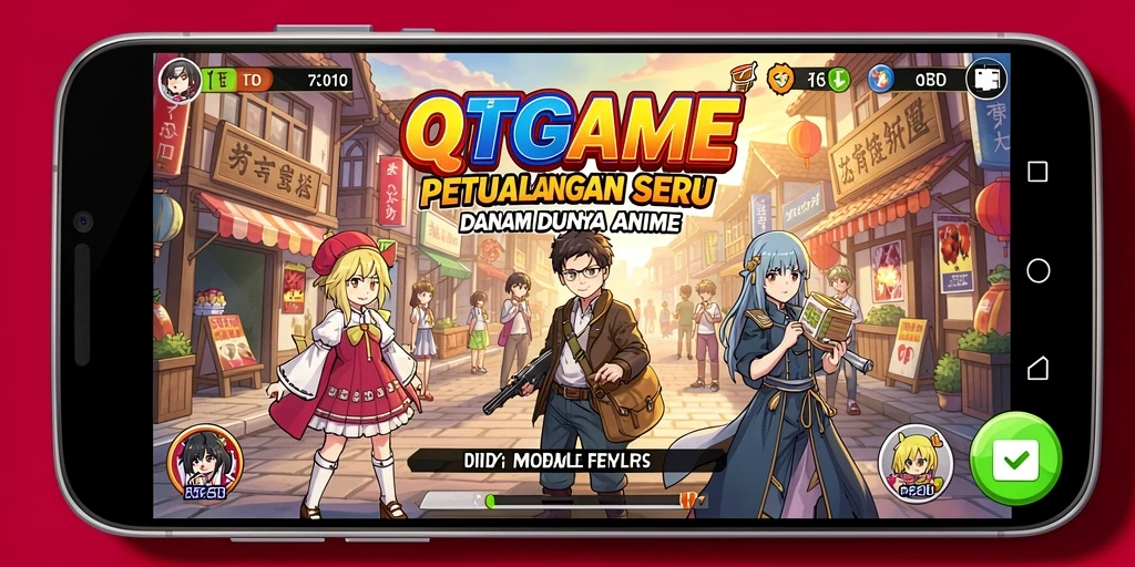 Tampilan aksi penuh warna dalam QTGAME yang menampilkan karakter anime.